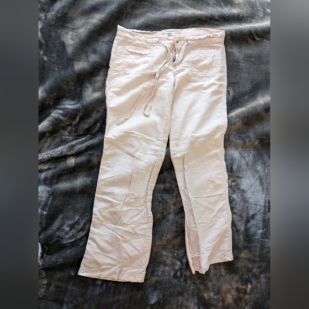 Khaki Wide Leg Relaxed Linen Blend Summer Spring Drawstring Pants - Size 10 Reg